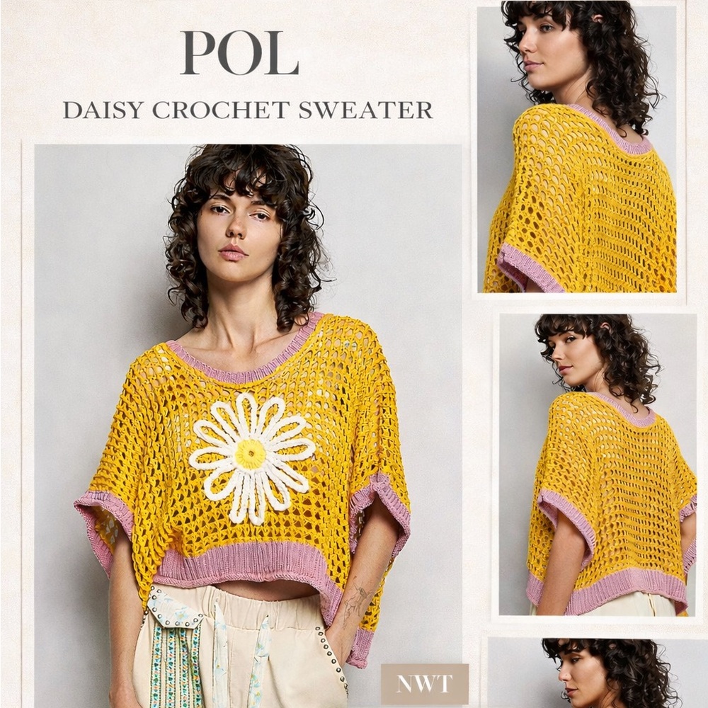 POL Yellow Daisy Crochet Sweater Top Size Medium NWT Boho Festival - Picture 2 of 8